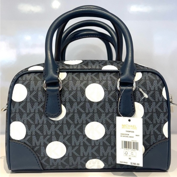 Michael Kors Thompson Extra-Small Polka Dot Signature Logo Satchel Bag Navy Blue - Picture 6 of 10